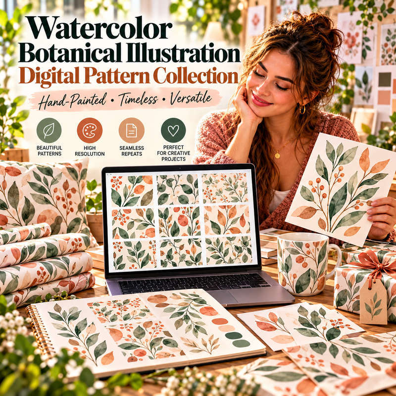 Watercolor Botanical Illustration Digital Pattern Collection